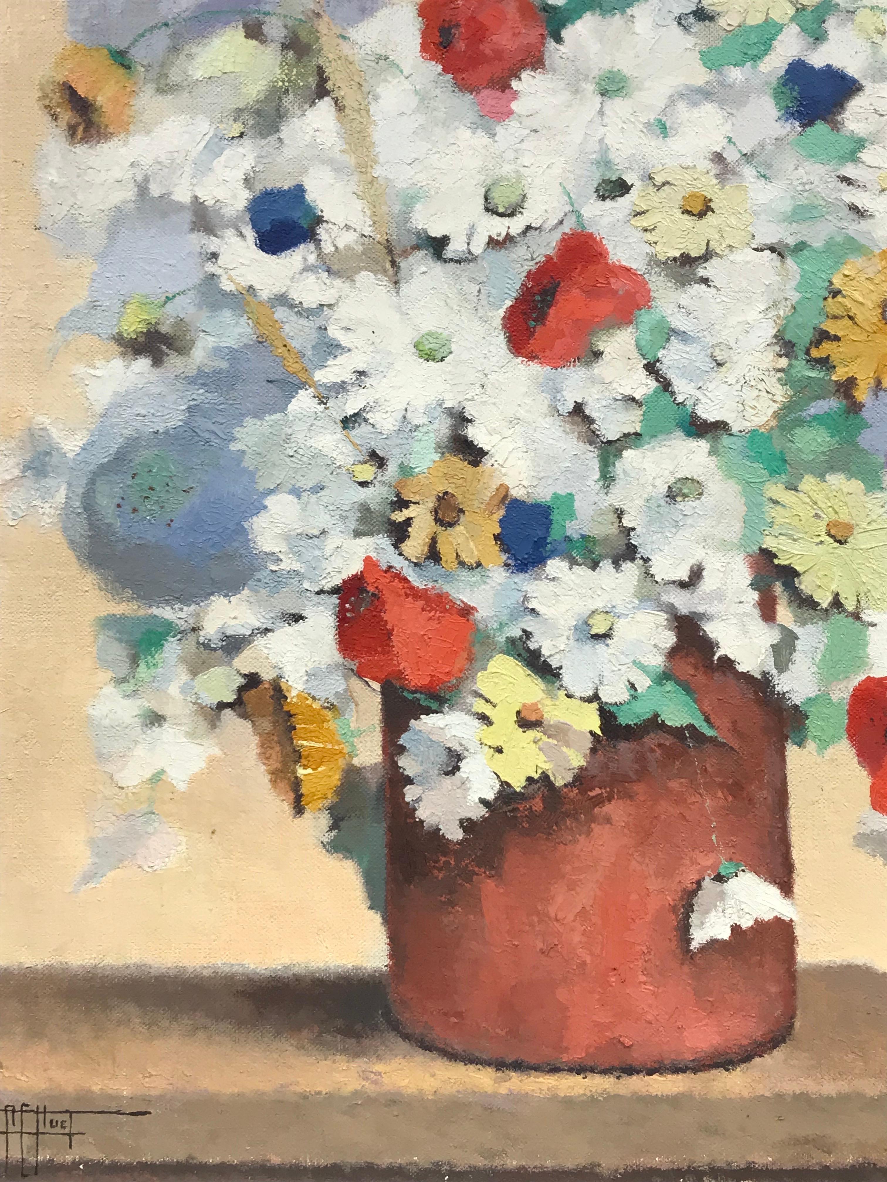 Artiste/École : École française, signé indistinctement en bas à gauche, date d'environ les années 1950-60. 

Titre : Nature morte lumineuse et colorée de fleurs dans un vase en terre cuite. 

Moyen :  huile sur toile, non encadrée

Taille :

toile :