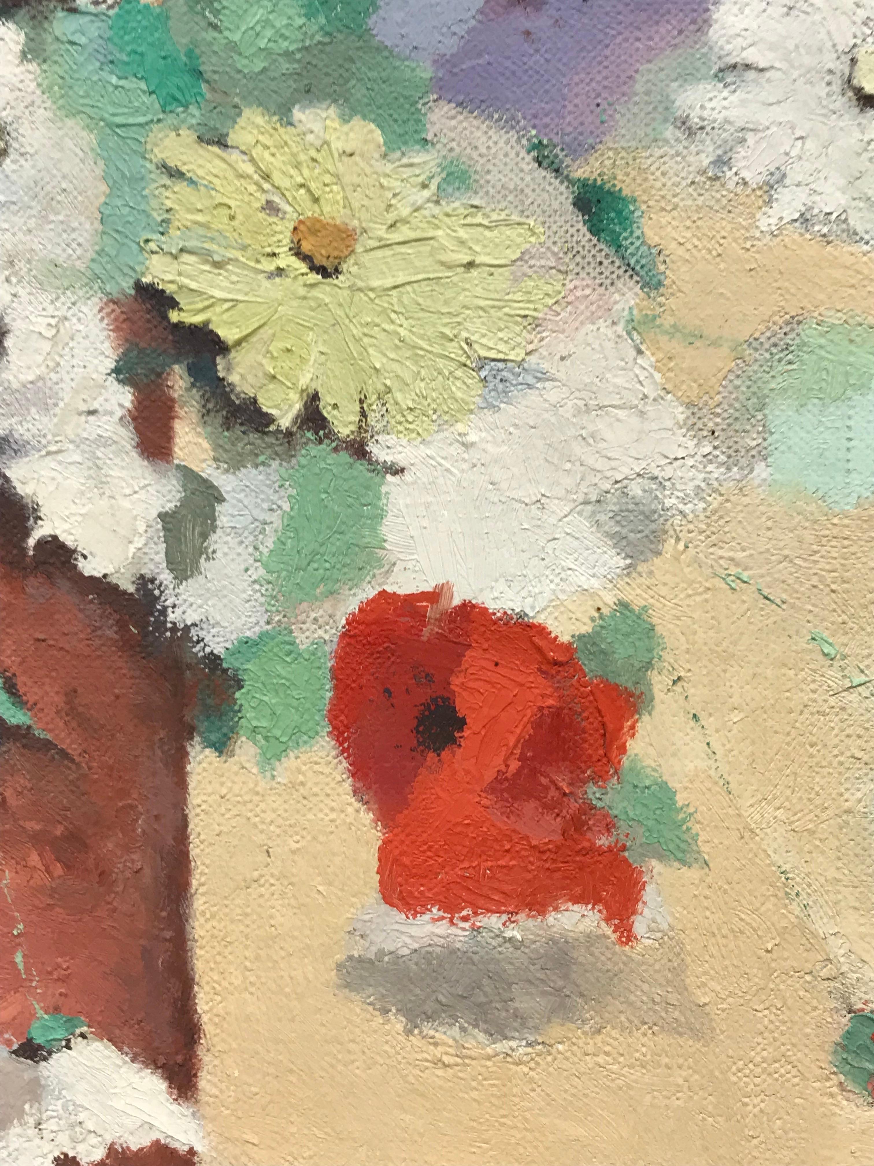Pittura a olio firmata francese di grandi dimensioni della metà del XX secolo - Fiori estivi in vaso in vendita 2