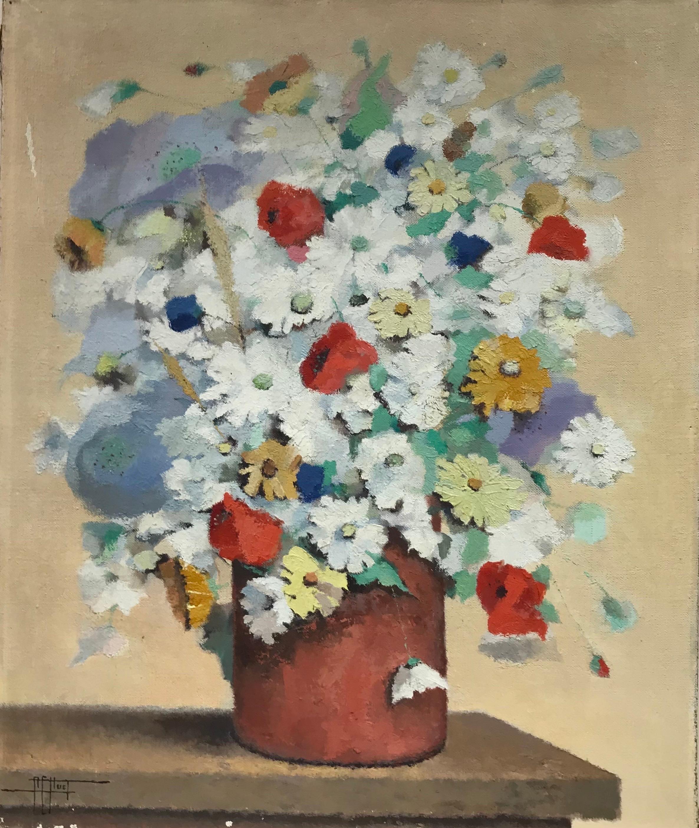 Mid 20th Century Large French Signed Oil Painting - Summer Flowers in Vase