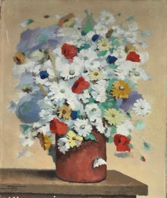 Großes französisches signiertes Ölgemälde, Mitte des 20. Jahrhunderts, Sommerblumen in Vase