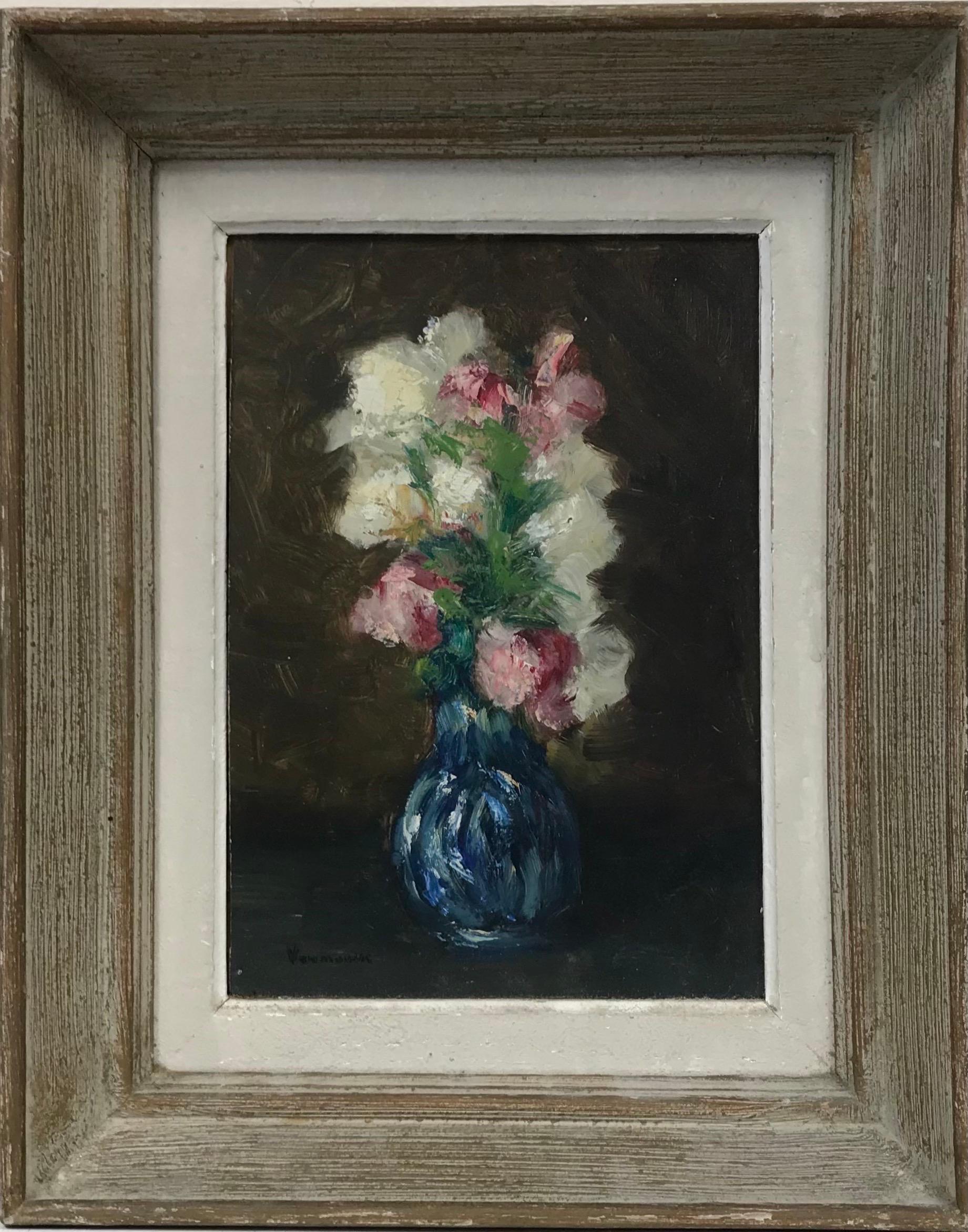 Mid Century French Impressionist Signed Oil Pretty Flowers in Blue Vase - Painting by French School