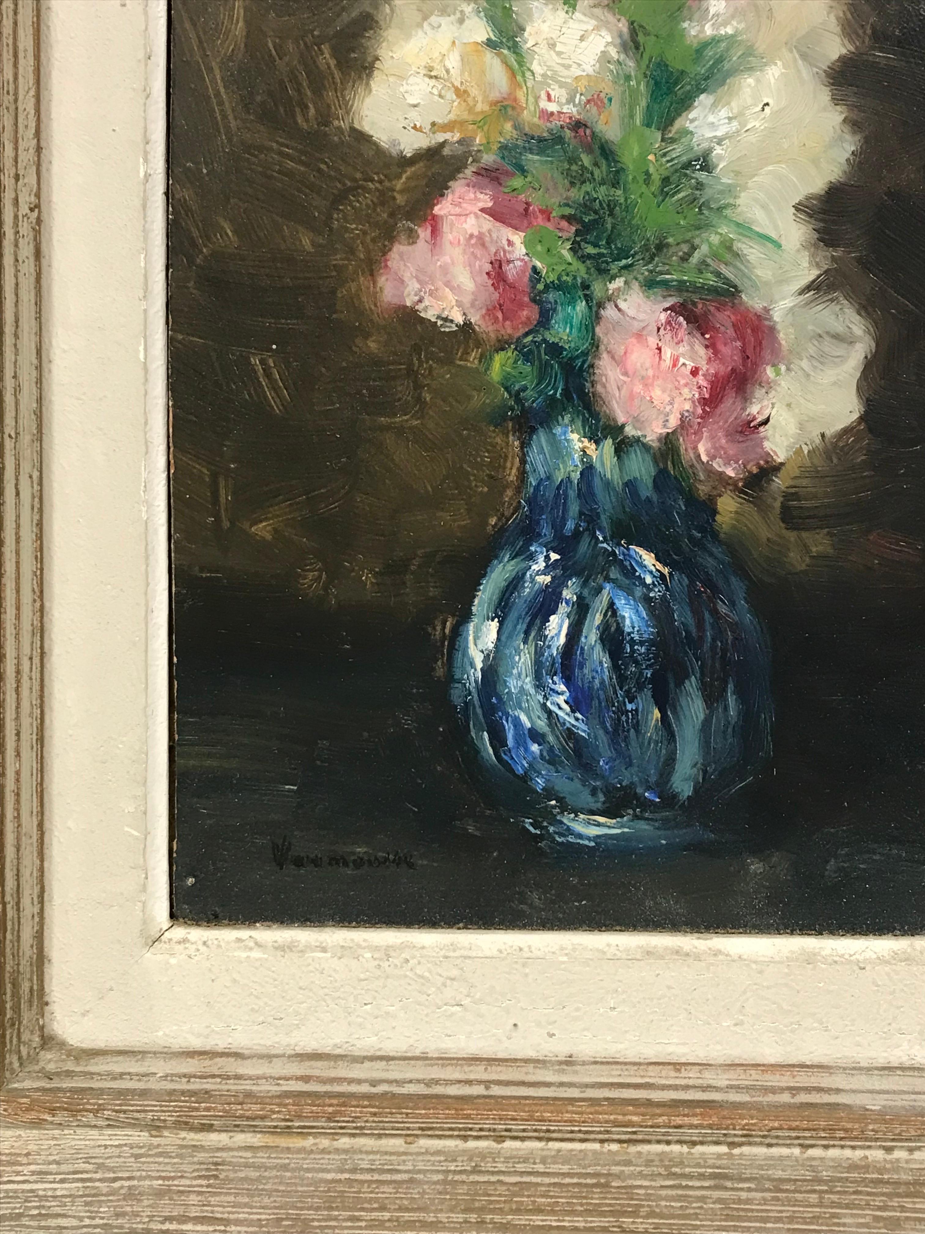 Artist/ School: French School, mid 20th century, signed lower left

Title: Pink & White Flowers in a Blue Vase

Medium:  oil on board, framed

framed: 15 x 12 inches
board: 10 x 7 inches

Provenance: private collection, France

Condition: The