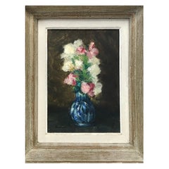 Mid Century French Impressionist Signed Oil Pretty Flowers in Blue Vase