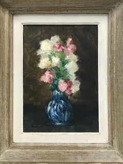 Mid Century French Impressionist Signed Oil Pretty Flowers in Blue Vase