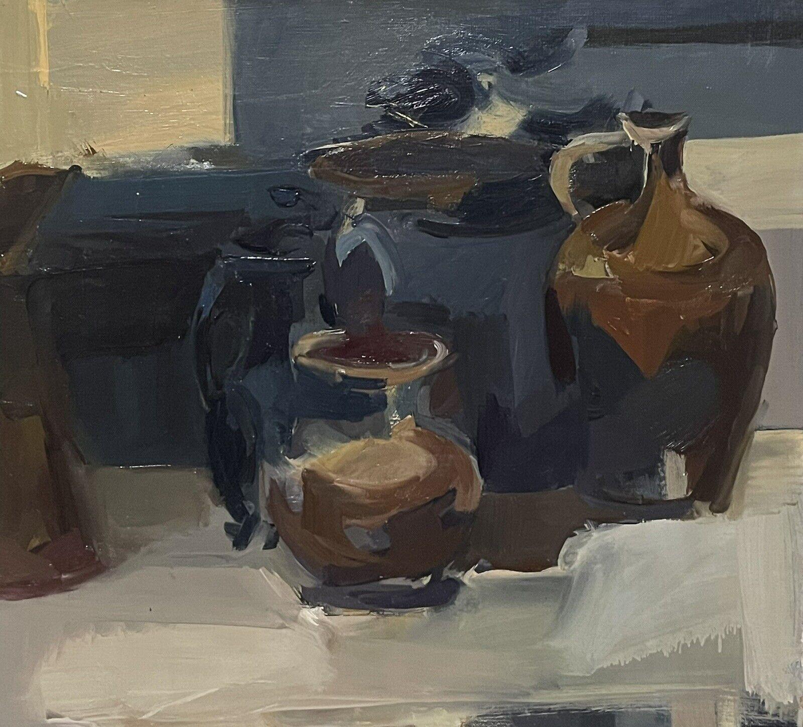 Moody & Atmospheric Still Life Interior Scene, French signed & dated 1971 oil - Gray Interior Painting by French School