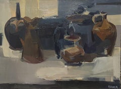 Moody & Atmospheric Still Life Interior Scene, French signed & dated 1971 oil