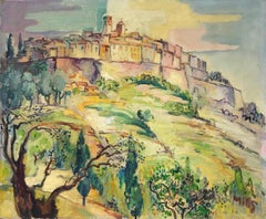 Provence Hill Top Perched Village over Green Landscape, mid century signed oil