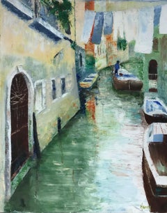 Quiet Venetian Backwater Canal, Boats &amp; Clothes Drying on Line, signé huile