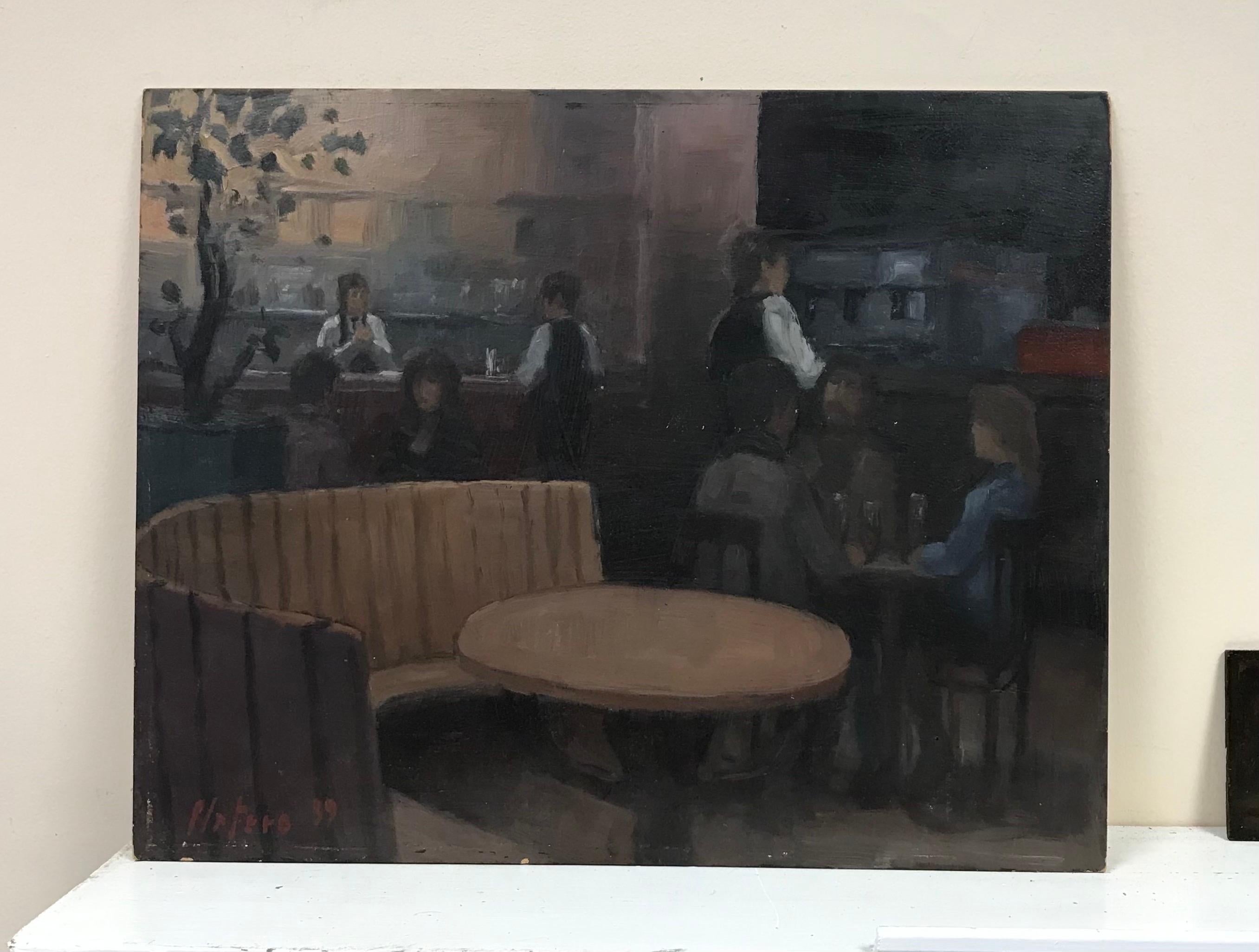 Intérieur d'un restaurant de bar avec des personnages buvant, peinture à l'huile française signée - Painting de French School