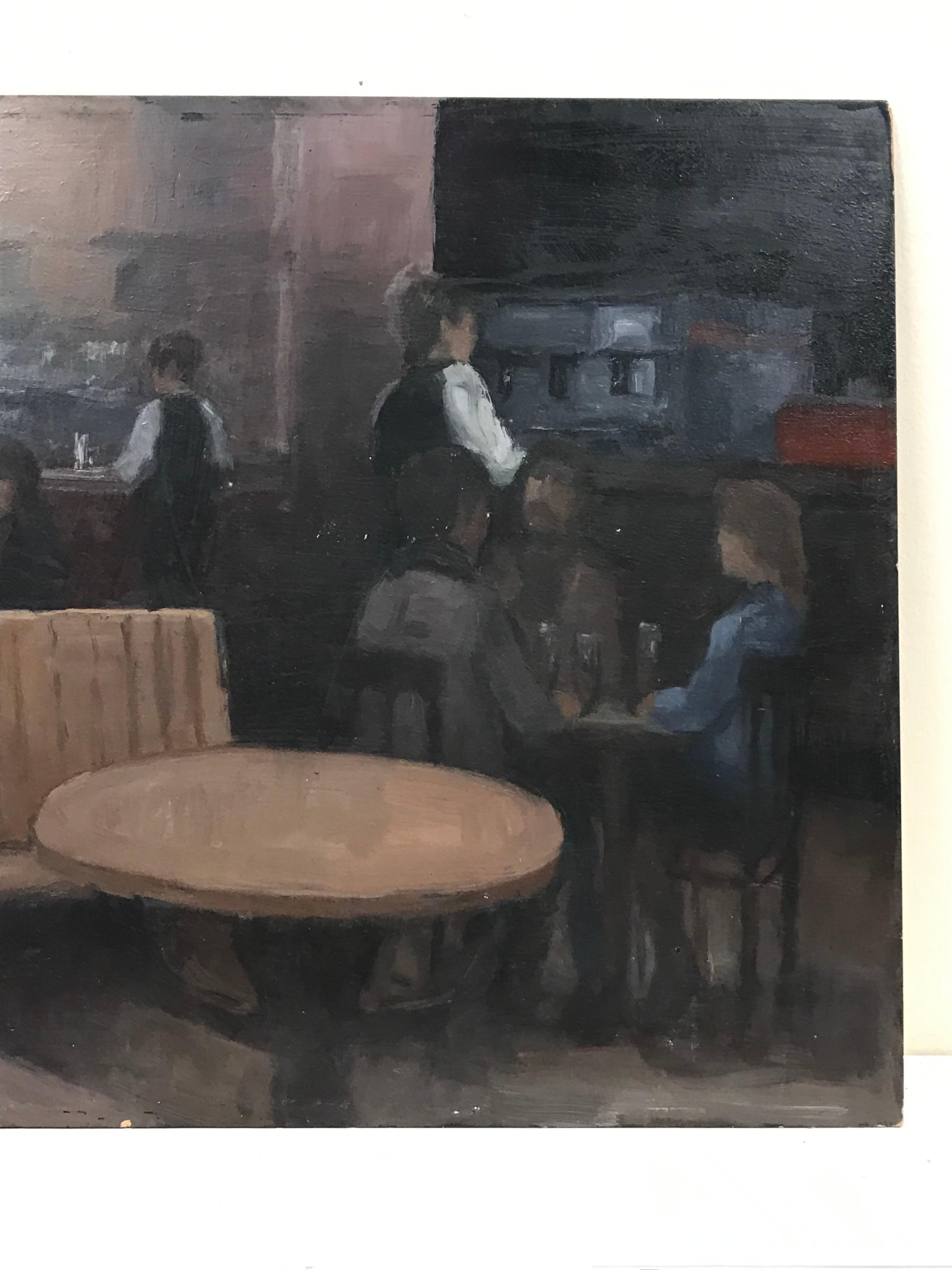 Intérieur d'un restaurant de bar avec des personnages buvant, peinture à l'huile française signée - Moderne Painting par French School