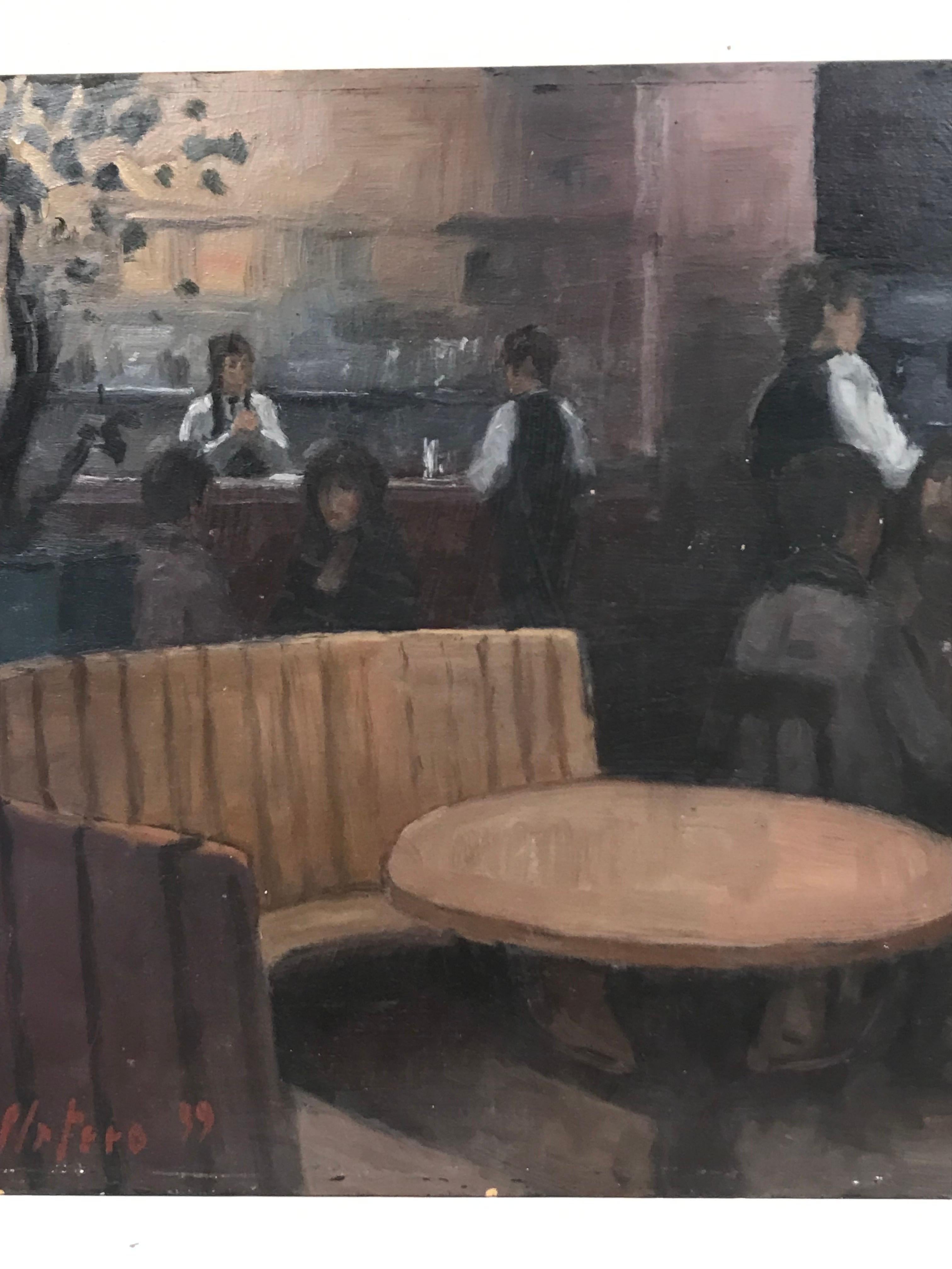 Intérieur d'un restaurant de bar avec des personnages buvant, peinture à l'huile française signée - Noir Interior Painting par French School