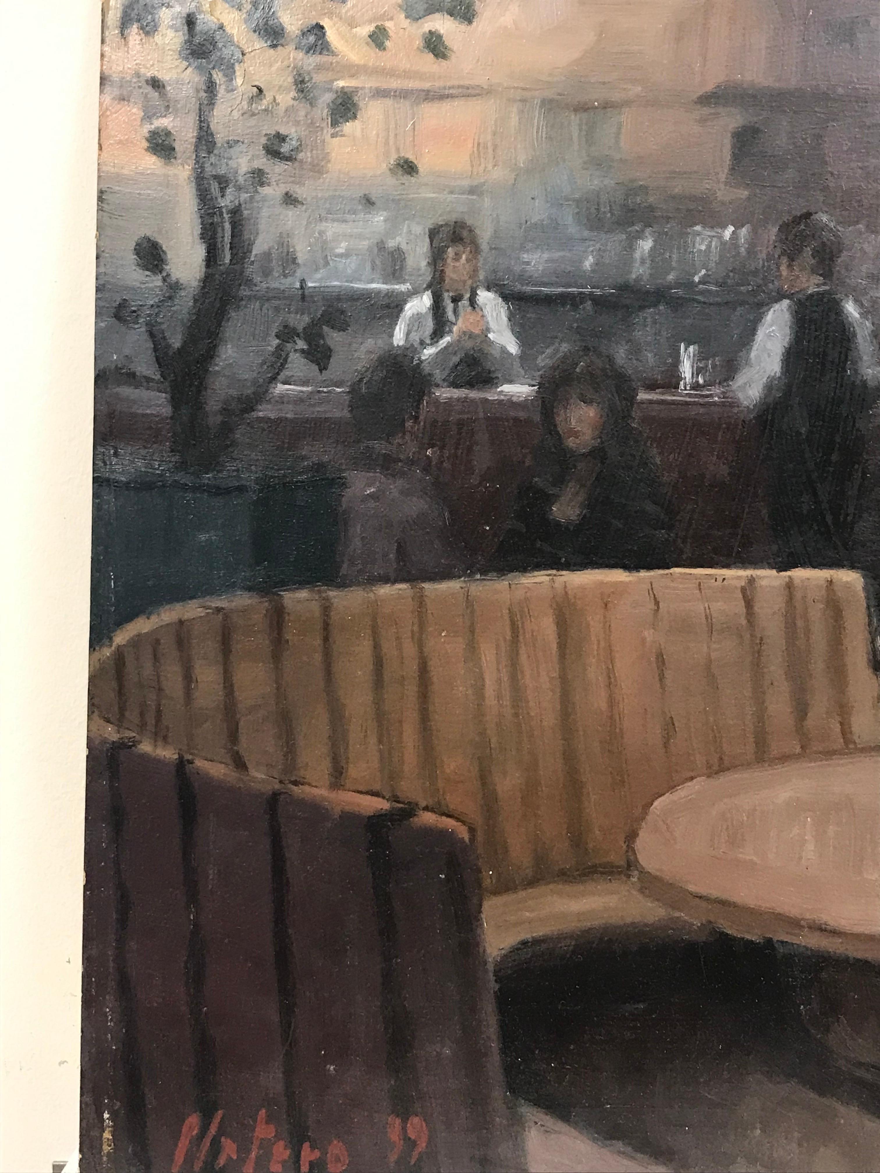 Restaurant Bistro Bar Interior with Figures Drinking, Signed French Oil Painting For Sale 2