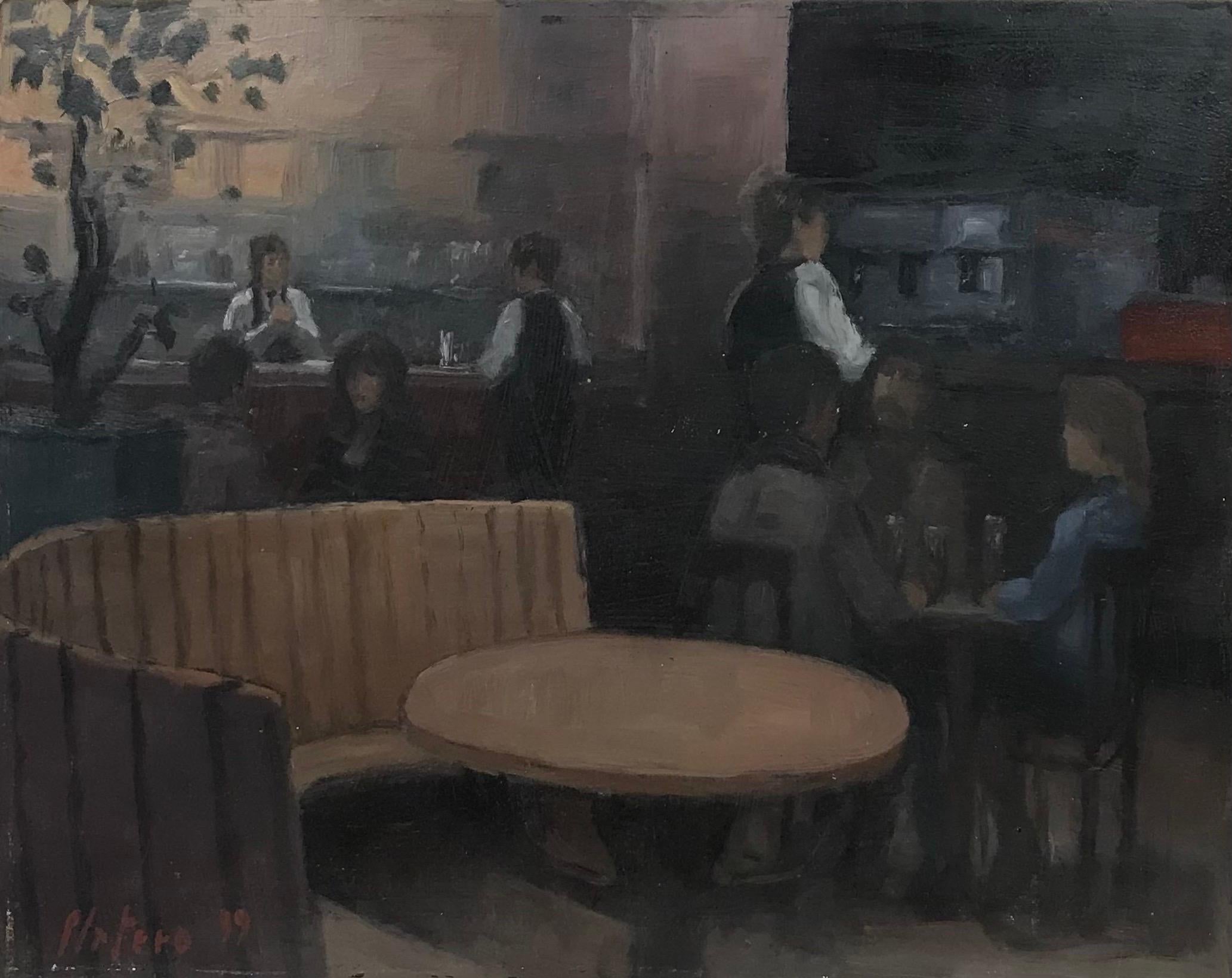 Restaurant Bistro Bar Interior with Figures Drinking, Signed French Oil Painting