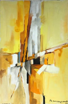 Very Large 1960's French Cubist Abstract Oil Painting Amazing Yellow Colors