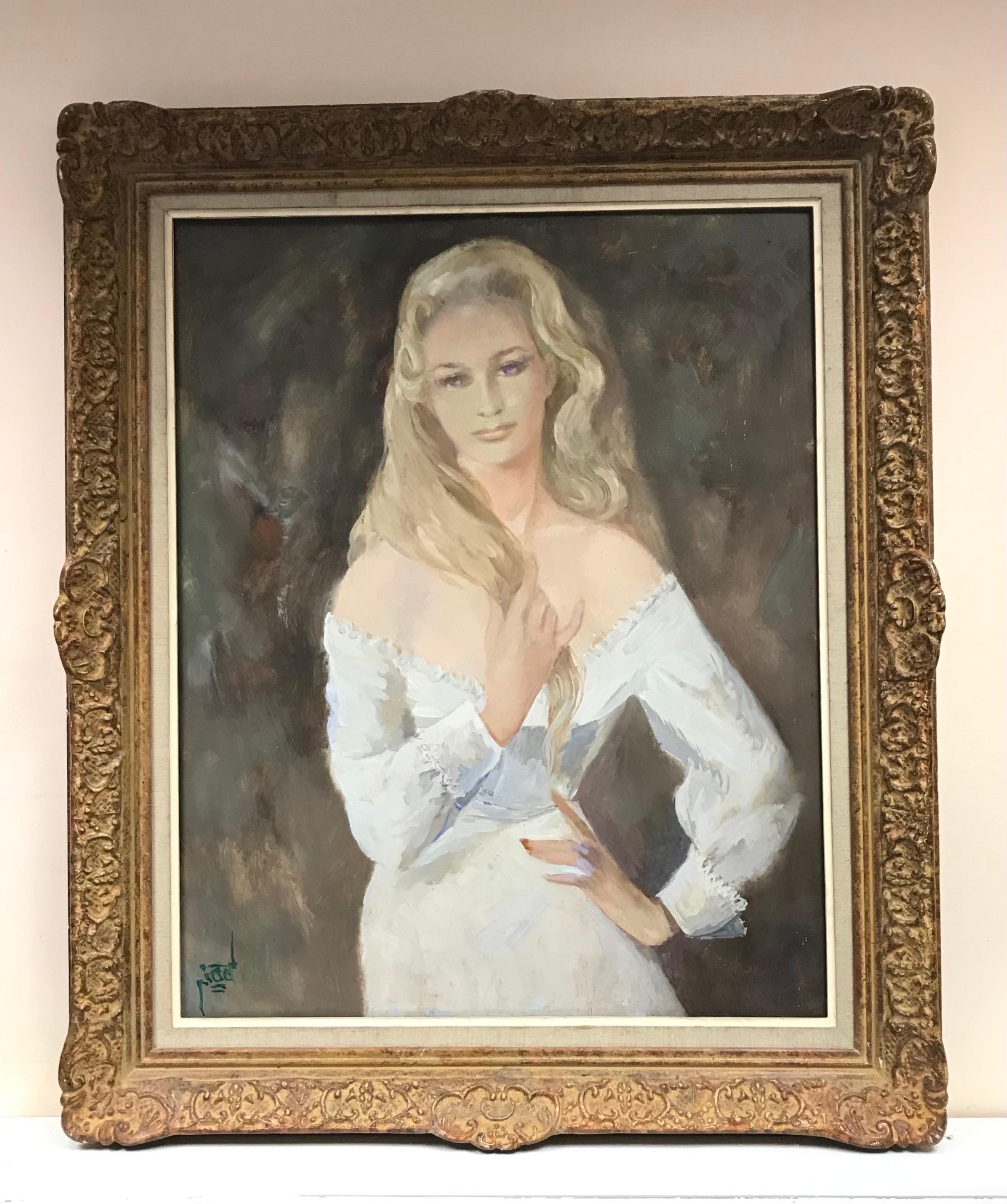 Very Large 1960's French Signed Oil - Portrait of Beautiful Blonde Lady in White - Painting by French School