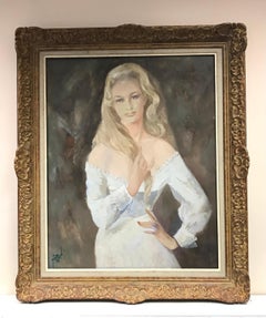 Très grande huile française des années 1960 - Portrait de belle femme blonde en blanc