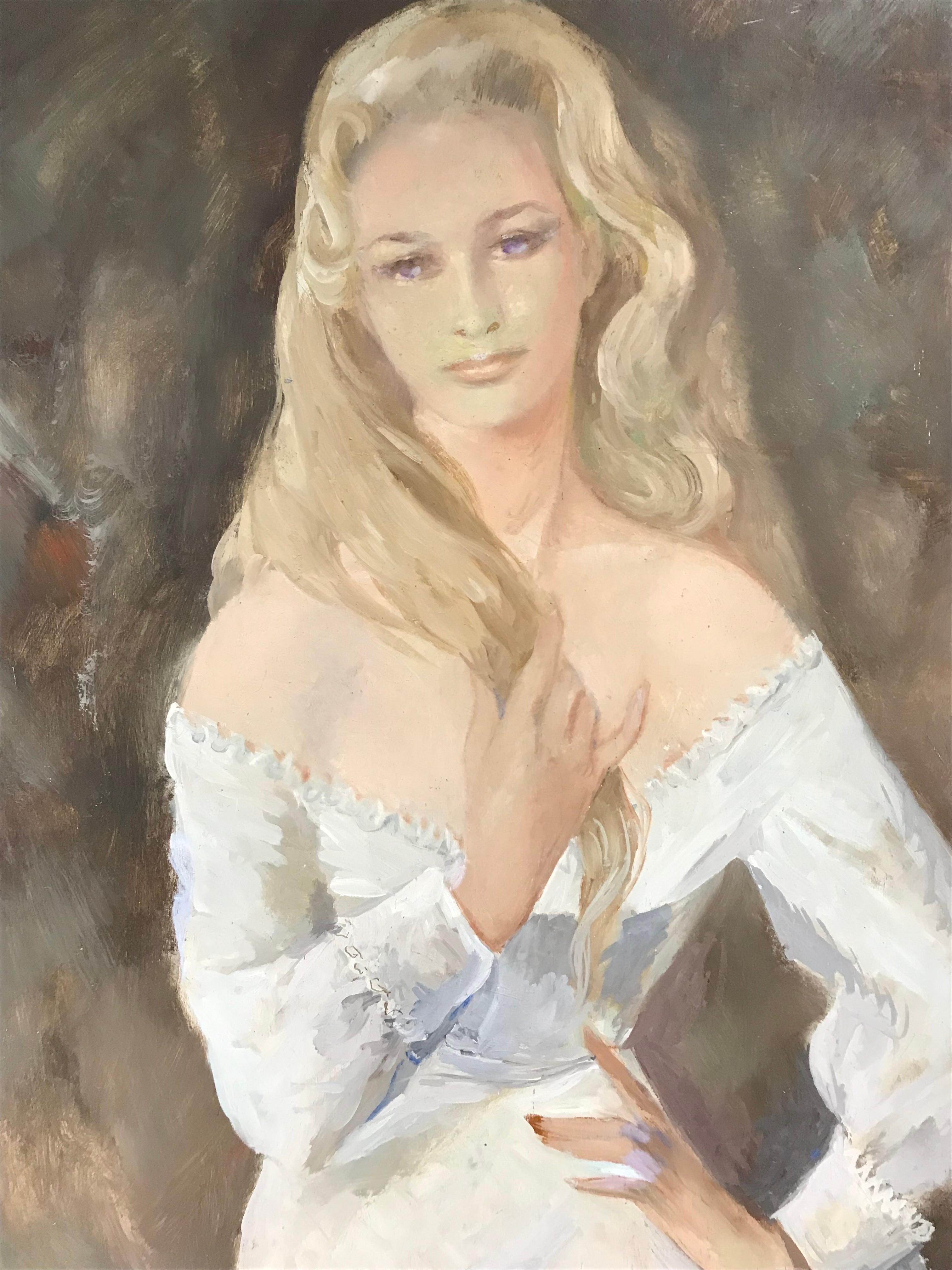 Sehr große 1960er Jahre Französisch signiert Öl - Porträt der schönen blonden Dame in weiß (Impressionismus), Painting, von French School