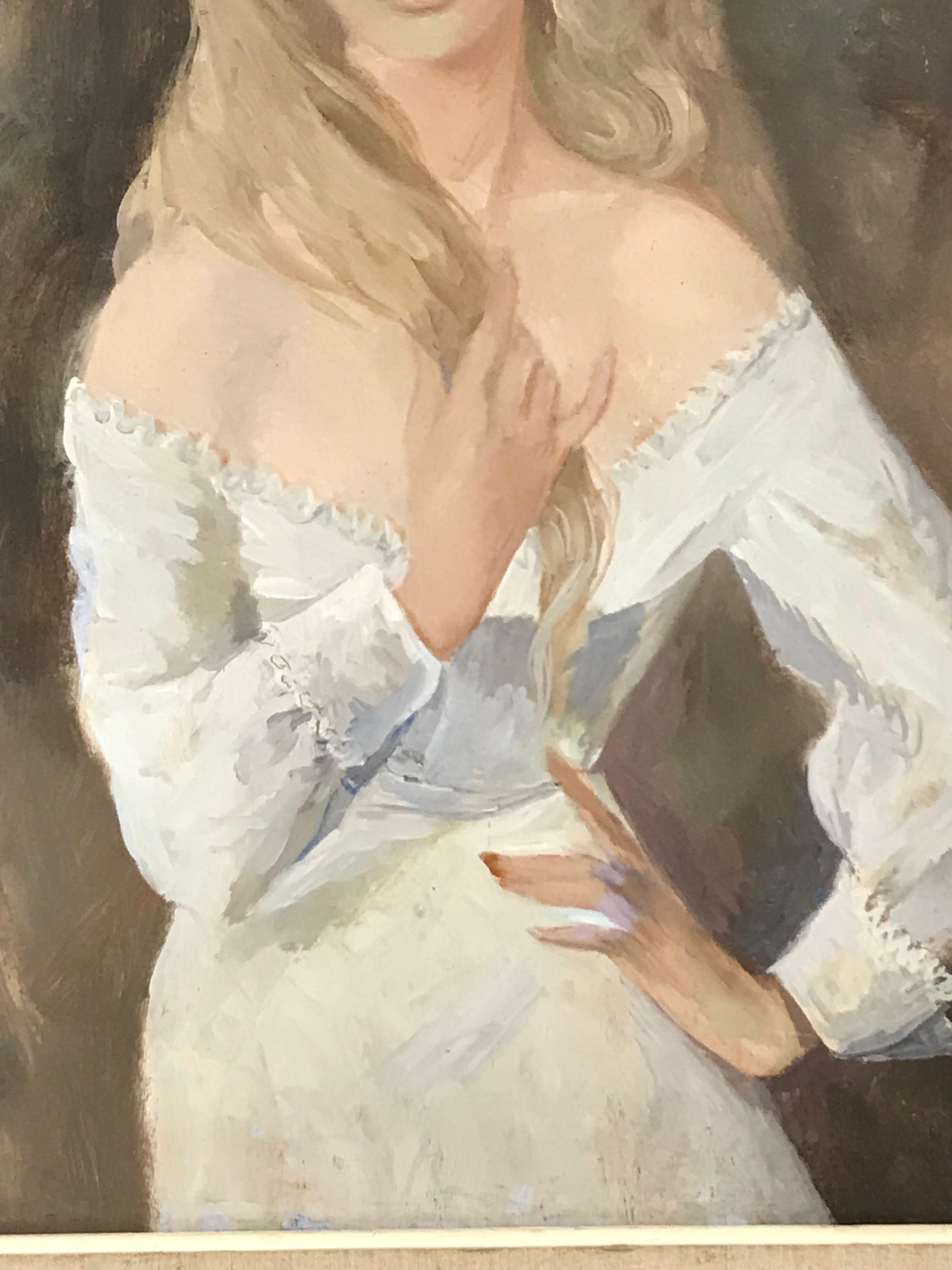 Sehr große 1960er Jahre Französisch signiert Öl - Porträt der schönen blonden Dame in weiß (Braun), Still-Life Painting, von French School