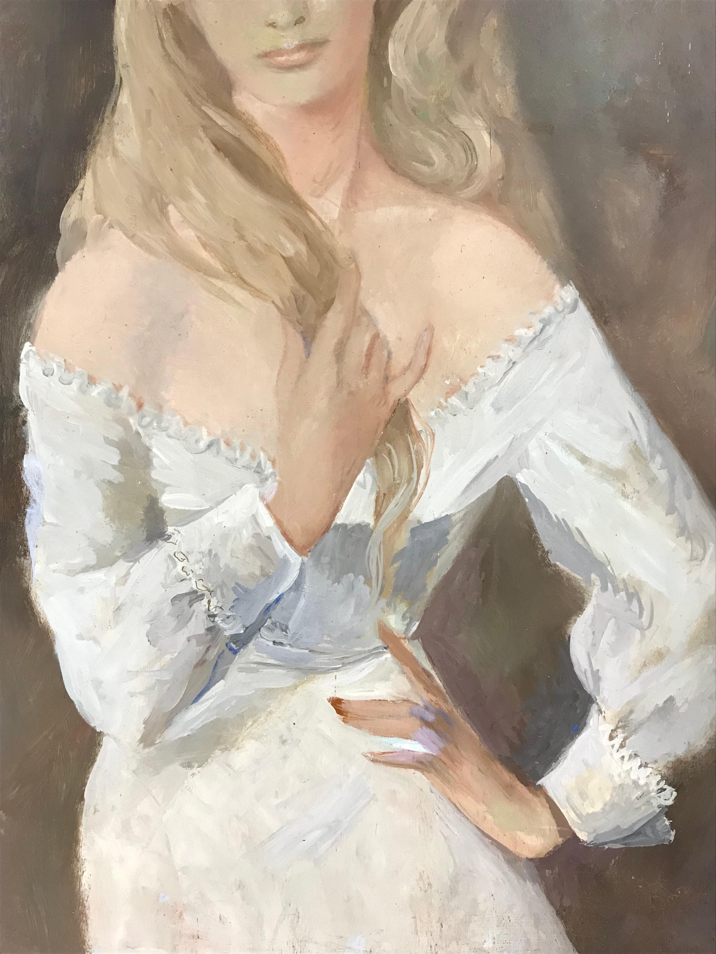 Sehr große 1960er Jahre Französisch signiert Öl - Porträt der schönen blonden Dame in weiß im Angebot 1