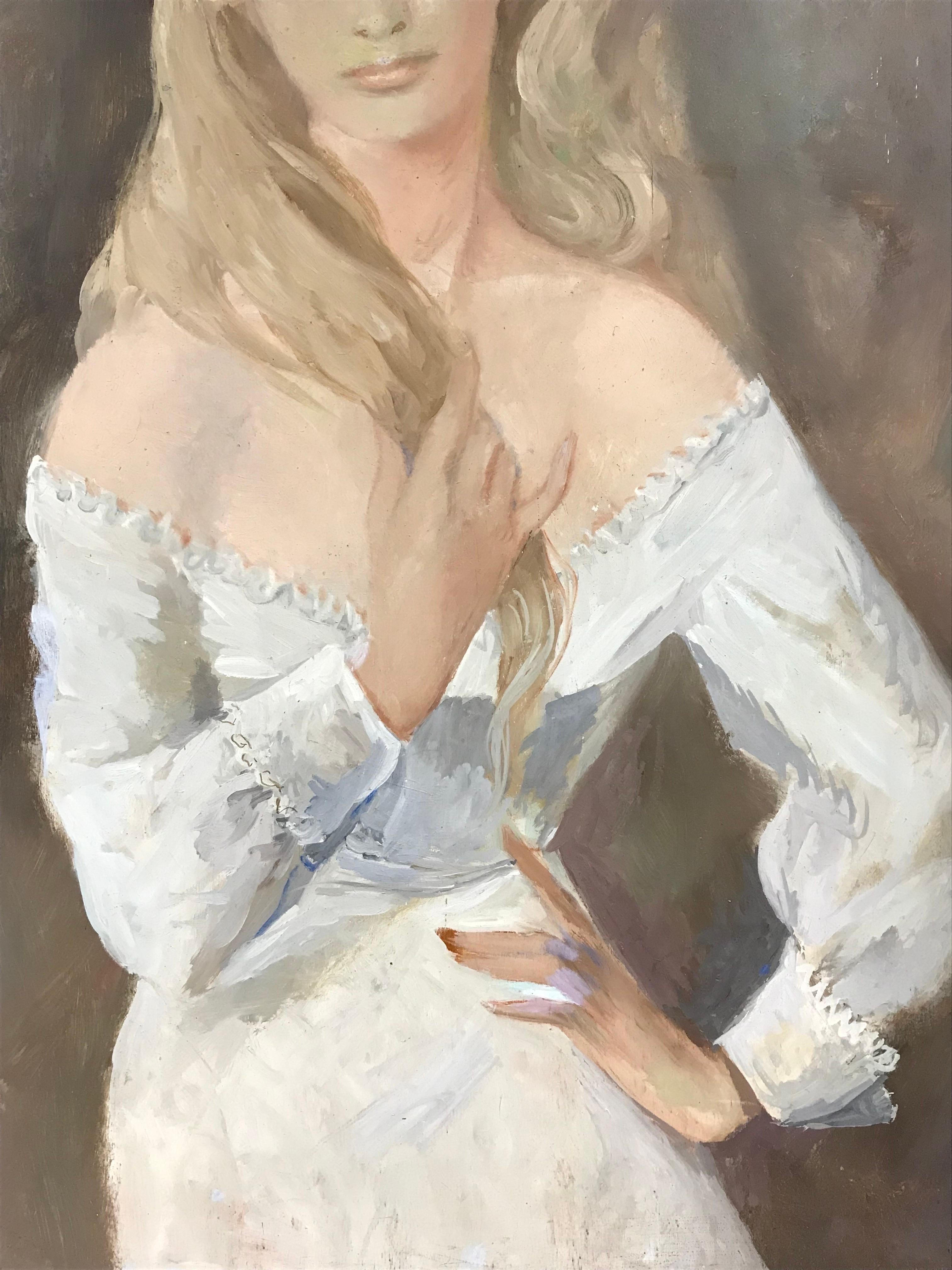 Óleo muy grande de los años 60 firmado en francés - Retrato de una bella dama rubia vestida de blanco en venta 1