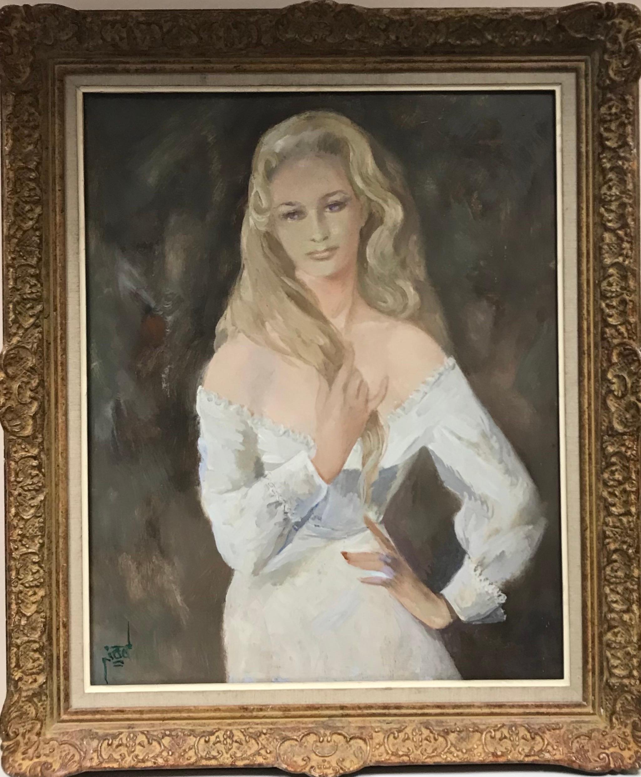 Very Large 1960's French Signed Oil - Portrait of Beautiful Blonde Lady in White