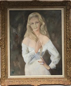 Retro Very Large 1960's French Signed Oil - Portrait of Beautiful Blonde Lady in White