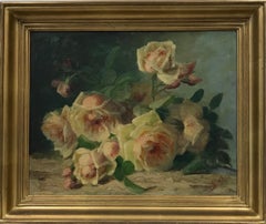 Vintage French Impressionist Signed Oil Painting - Pink Roses in Natural Setting