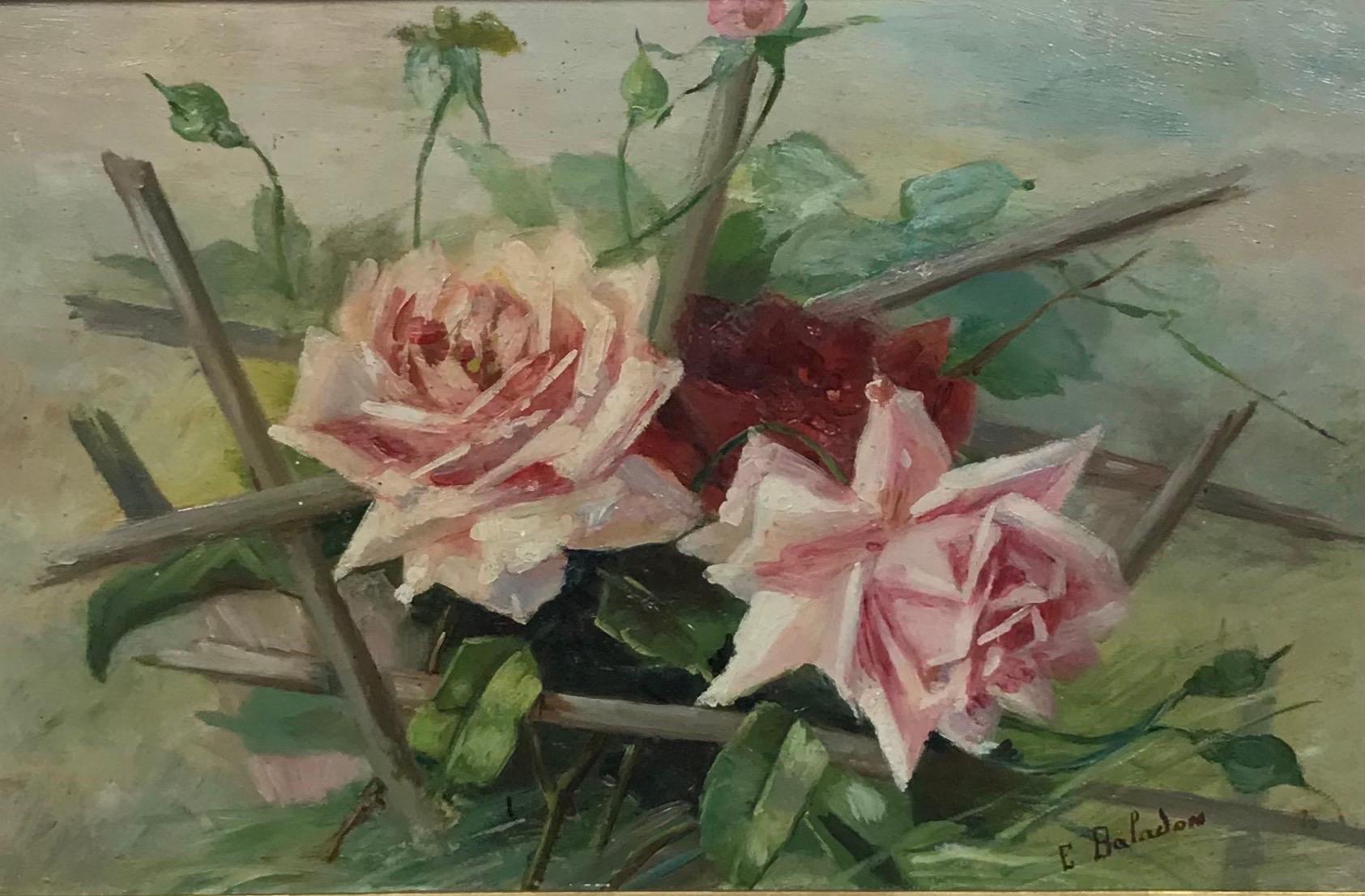 Huile française vintage signée des années 1930 représentant des roses et rouges dans un cadre naturel - Painting de French School