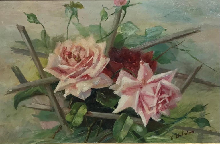 Vintage French Signed Oil c. 1930's Pink & Red Roses in a natural setting - Painting by French School