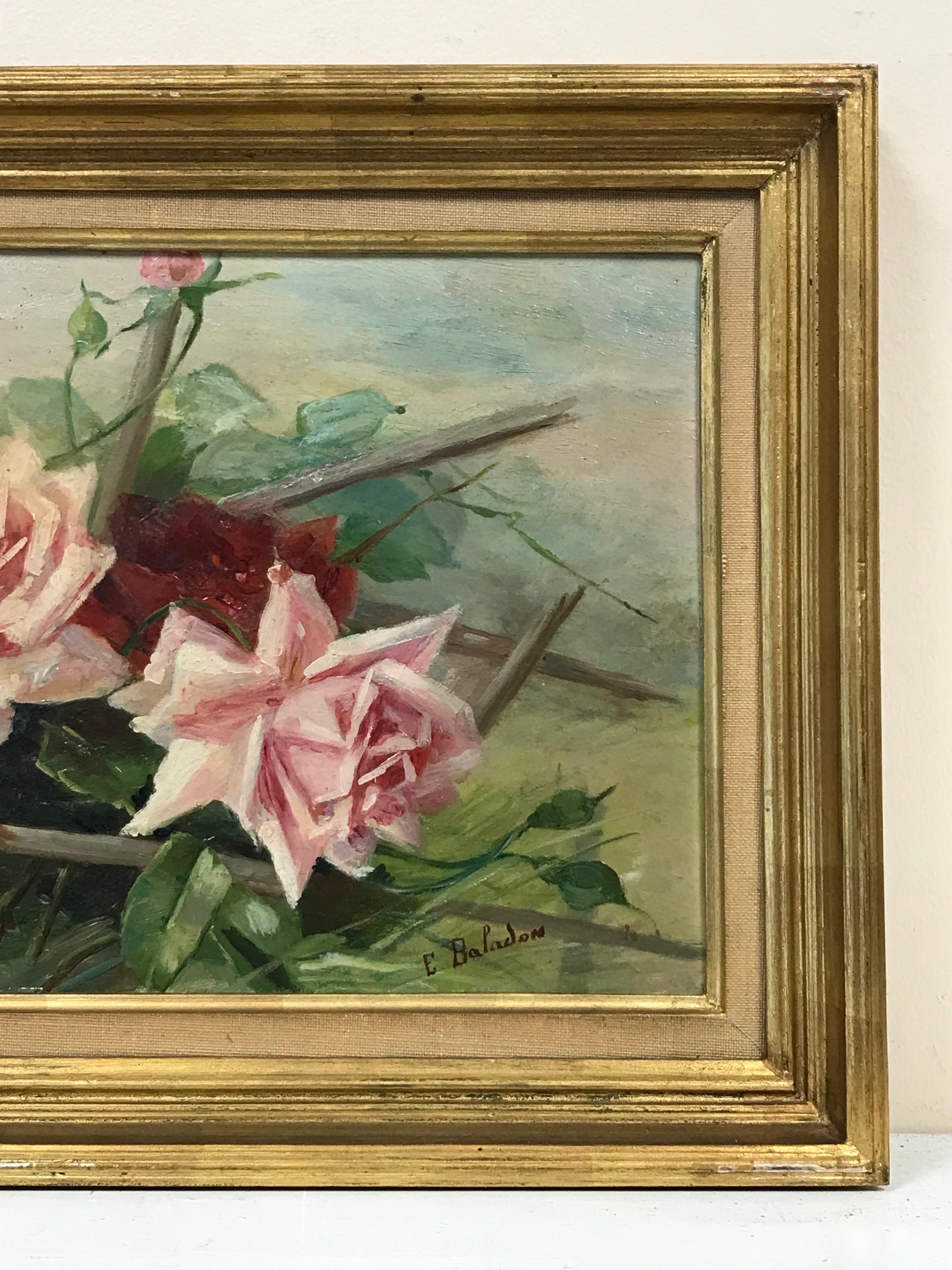 Huile française vintage signée des années 1930 représentant des roses et rouges dans un cadre naturel - Victorien Painting par French School