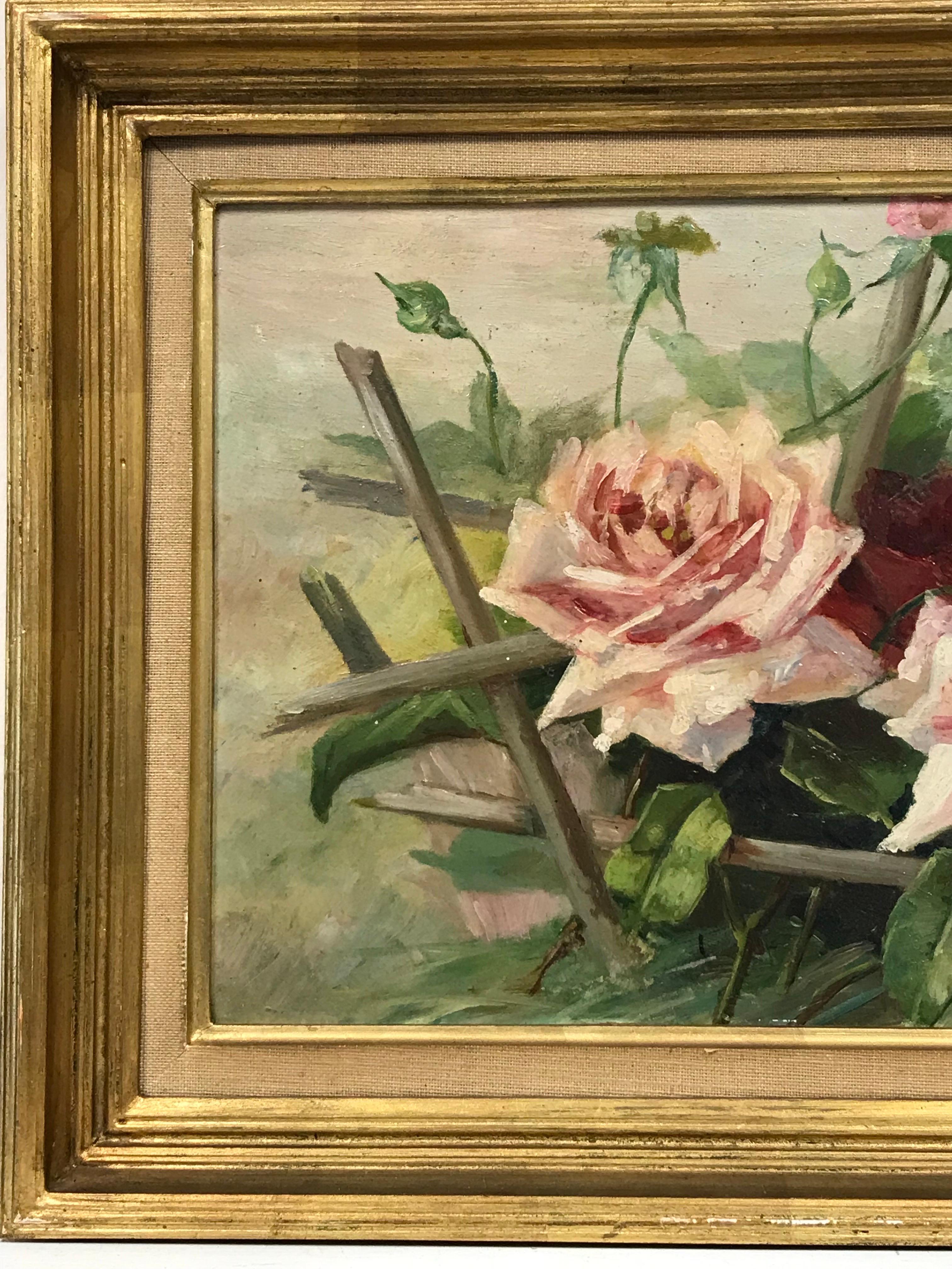 Huile française vintage signée des années 1930 représentant des roses et rouges dans un cadre naturel - Marron Landscape Painting par French School