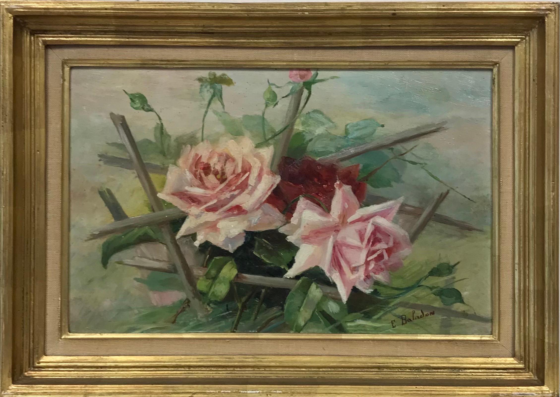 Vintage French Signed Oil c. 1930's Pink & Red Roses in a natural setting