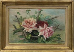 Óleo vintage francés firmado c. 1930 Rosas rosas y rojas en un entorno natural