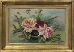 Huile française vintage signée des années 1930 représentant des roses et rouges dans un cadre naturel