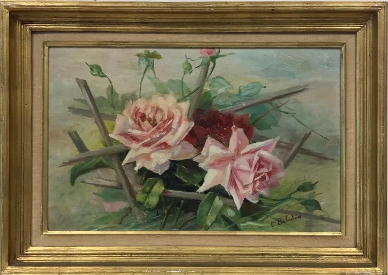 French School Landscape Painting - Vintage French Signed Oil c. 1930's Pink & Red Roses in a natural setting