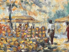 1950's French Impressionist Oil Painting Market Scene Bathed in Sunlight