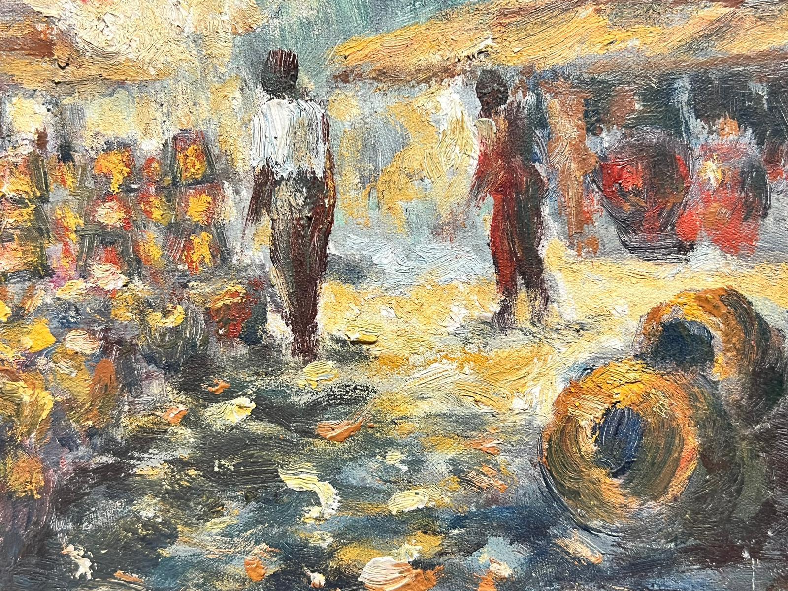 1950's French Impressionist Oil Painting Market Scene Bathed in Sunlight For Sale 2