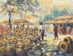 1950's French Impressionist Oil Painting Market Scene Bathed in Sunlight