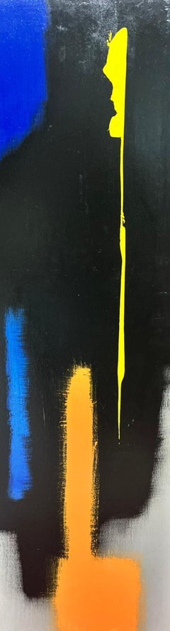 Peinture abstraite française contemporaine d'origine noire, bleue, jaune et orange