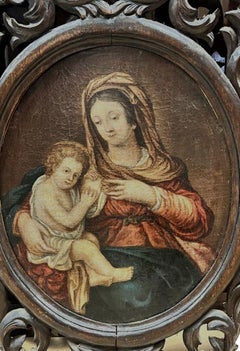 Fine 19th Century French Oil Painting Madonna & Child Carved Wood Scrolled Frame