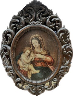 Belle peinture à l'huile française du 19ème siècle, Madonna & Child, cadre en bois sculpté à volutes