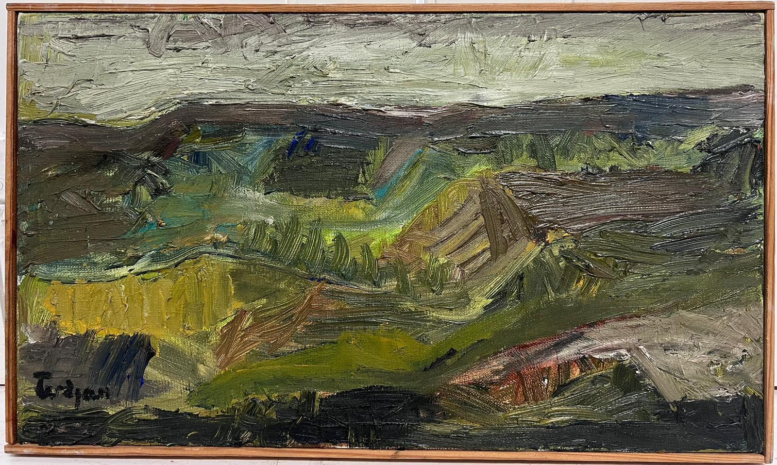 French School  Landscape Painting – Französischer Expressionist Schlammige grüne & braune Landschaft Sehr dickes Öl-Impasto 