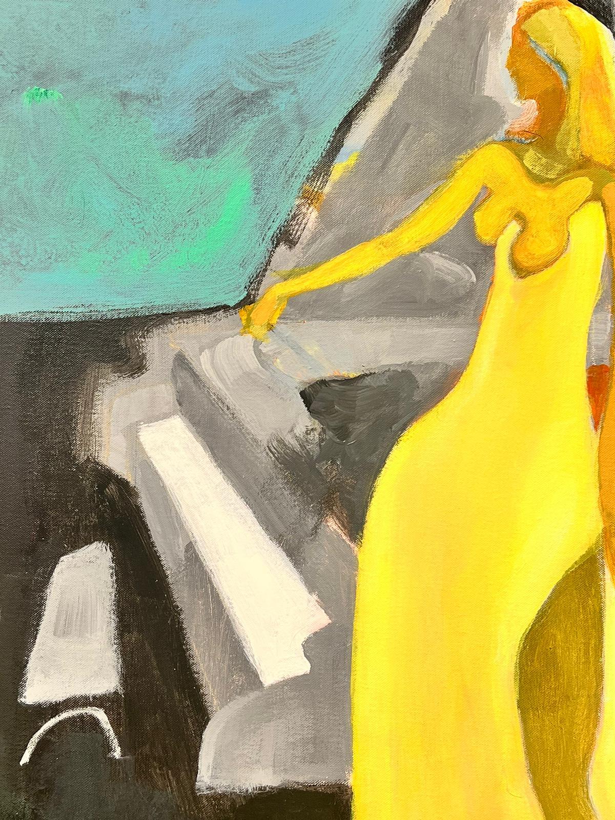 Großes französisches modernistisches Gemälde Mädchen in gelbem Kleid neben dem Großen Klavier im Angebot 1