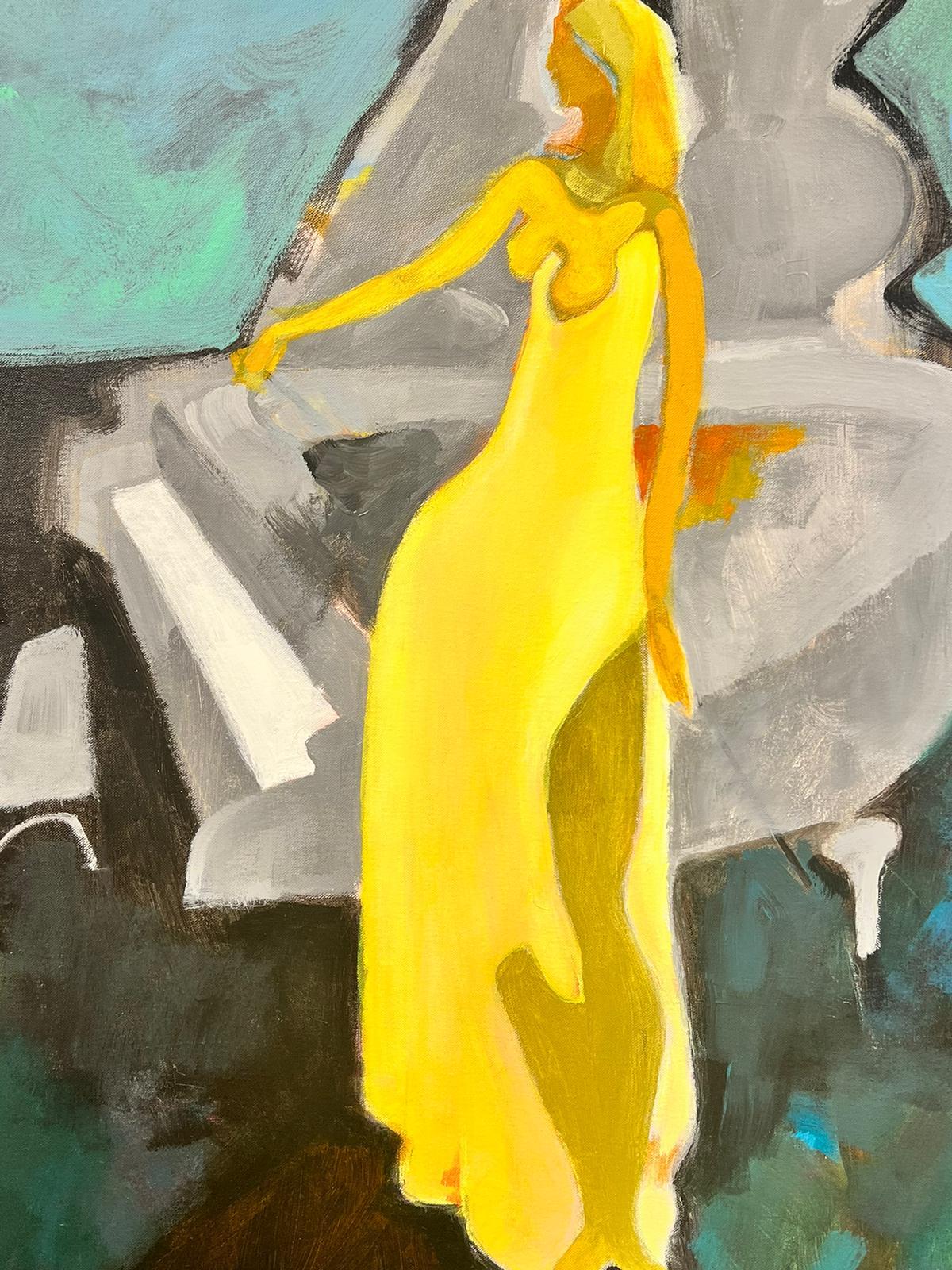 Großes französisches modernistisches Gemälde Mädchen in gelbem Kleid neben dem Großen Klavier im Angebot 2