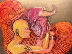 Large French Surrealist Fantasy Figures Painting Very Unusual and Decorative