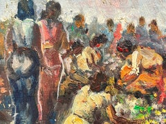 Mid 20th Century French Impressionist Oil Crowded Market Scene Many Figures