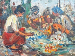 Mid 20th Century French Impressionist Oil Crowded Market Scene Many Figures