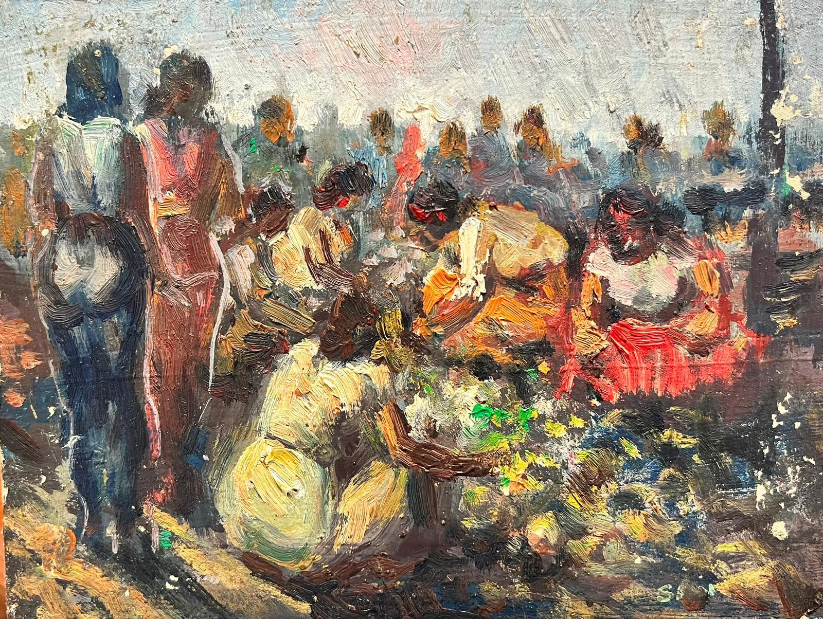 French School  Landscape Painting - Mid 20th Century French Impressionist Oil Crowded Market Scene Many Figures
