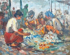 Huile impressionniste française du milieu du 20e siècle Scène de marché bondée avec de nombreux personnages