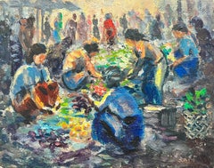 Mid 20th Century French Impressionist Oil Fruit & Vegetable Sellers Busy Market